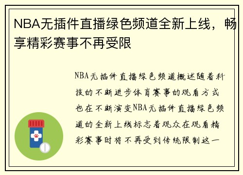 NBA无插件直播绿色频道全新上线，畅享精彩赛事不再受限